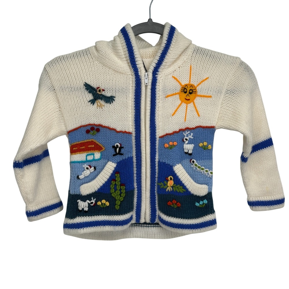 Incas Inc Peru Wool Hooded Sweater Toddler 2T Embroidered Sun Llama Zip Cardigan